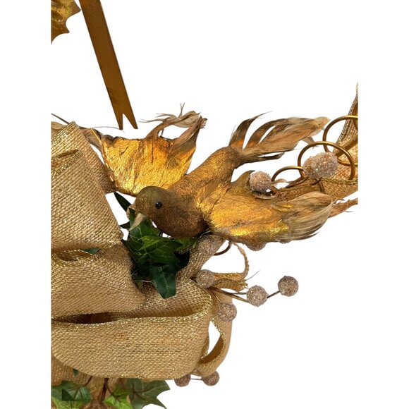 Gold Christmas Heart Shaped Centerpiece Card Holder With Bird Vintage - Picture 2 of 9